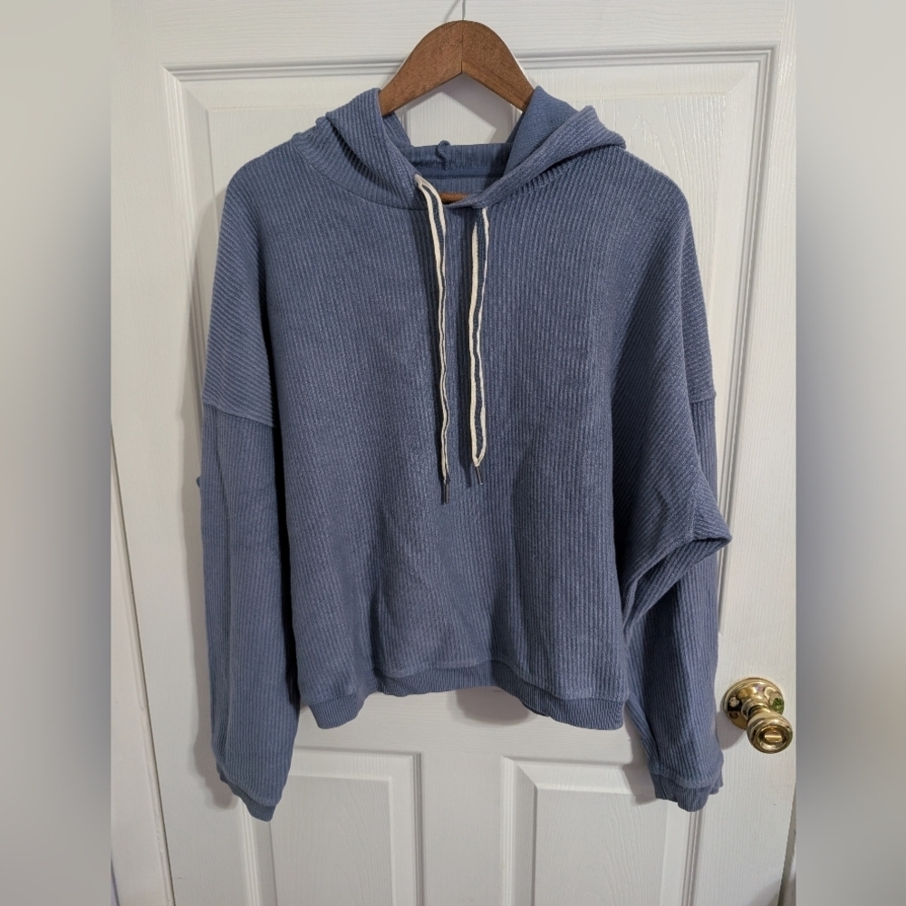 Aerie Womens Hoodie Blue Cropped Ribbed Sweatshirt Pullover Top Size XL